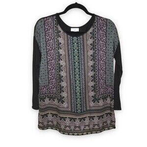 J Jill Black Regal Paisley Mixed Media Easy Tunic Womens Small Petite Purple